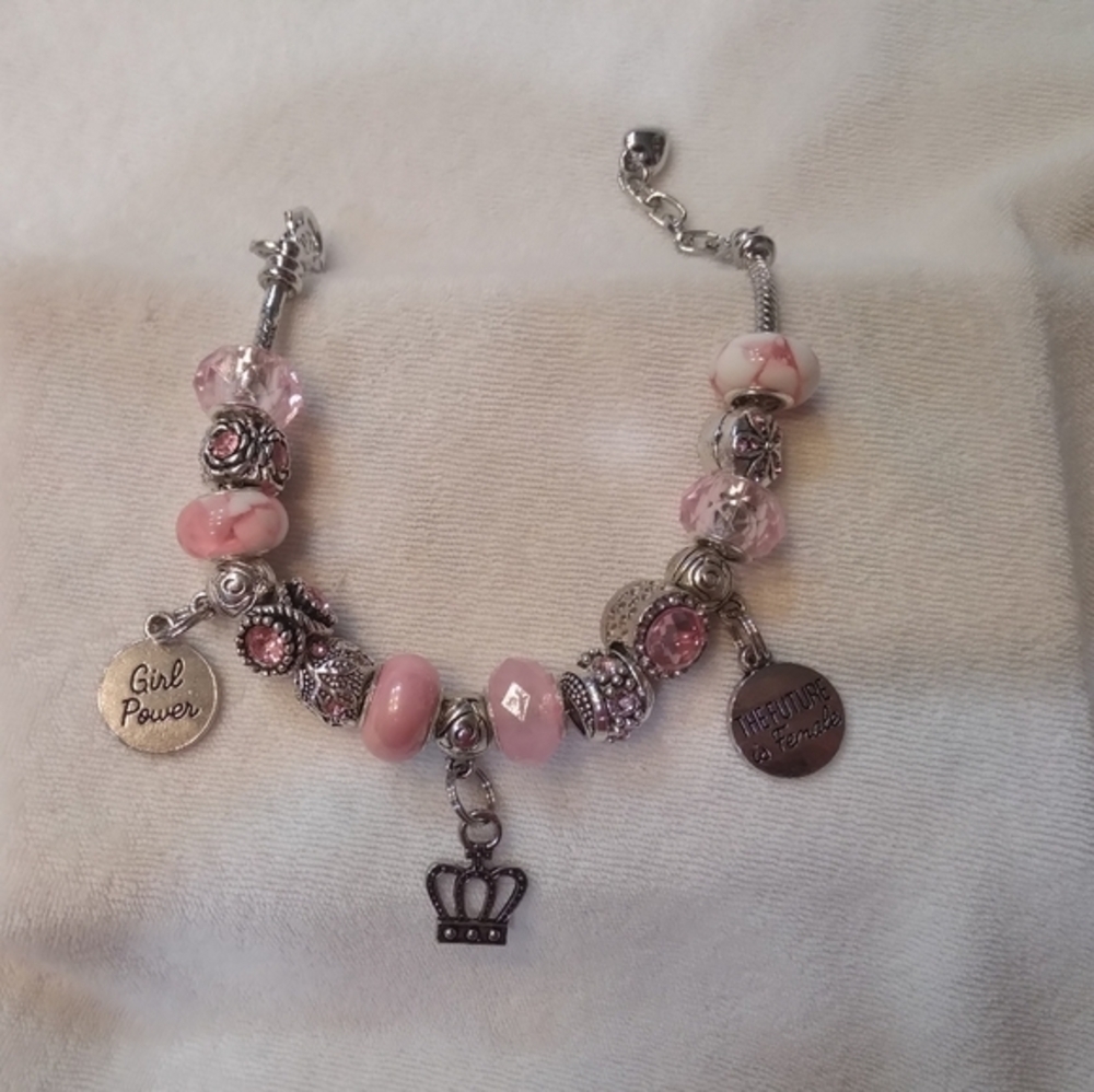 Girl Power Pink Charm Bracelet Size 7 inches